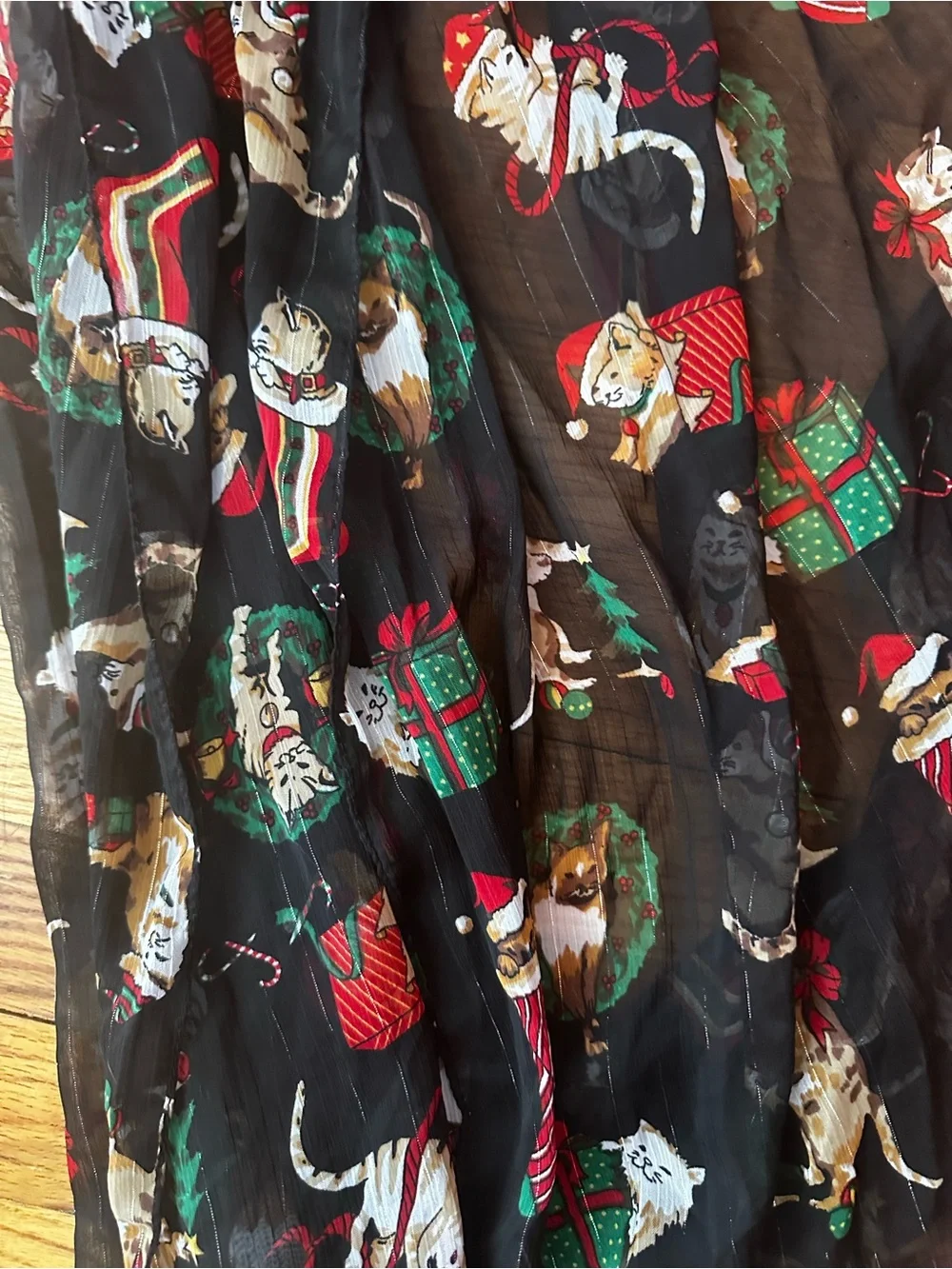 Vintage Christmas Cats Scarf Black Sheer Fabric Holiday Festive Cat Grannycore